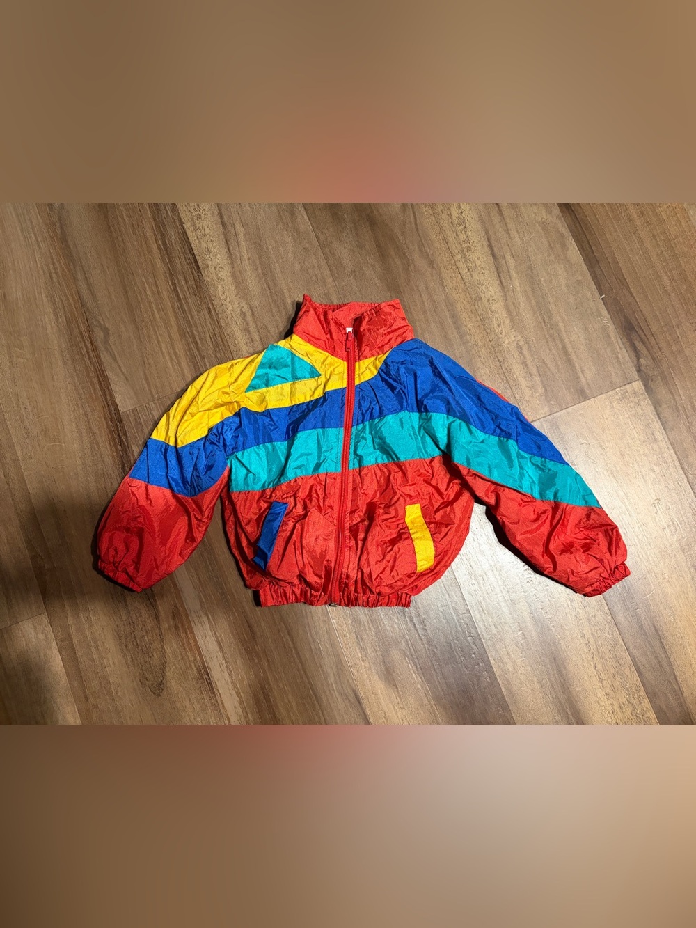 Kids Vintage Red Colorblock Puffer Jacket with Blue, Teal & Yellow Accents